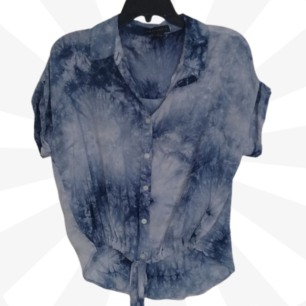 Sanctuary Tie Dye Top Size S Cropped Tie Front Short Roll Tab Sleeve Collared